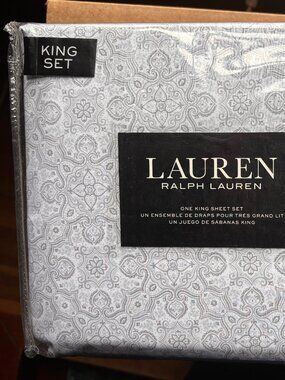 RALPH LAUREN King Size GRAY GEOMETRIC PATTERN Sheet Set Crisp Percale Cotton